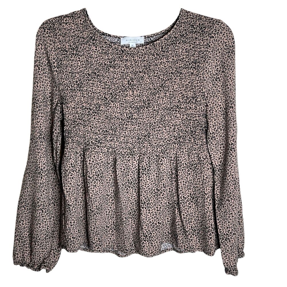 Kirious Smocked Top Size M Brown Black Animal Print Long Sleeves